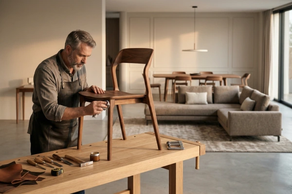 Luxury furniture craftsmanship by Craftnika founder working on wooden chair in modern interior