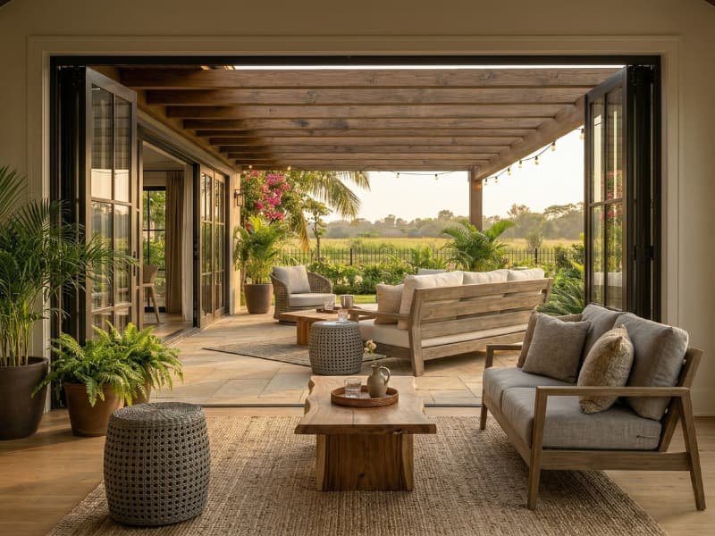 Modern farmhouse indoor furniture with natural lighting and wooden design