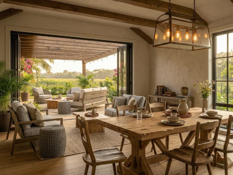 Rustic indoor farmhouse furniture with wooden dining table and sofa