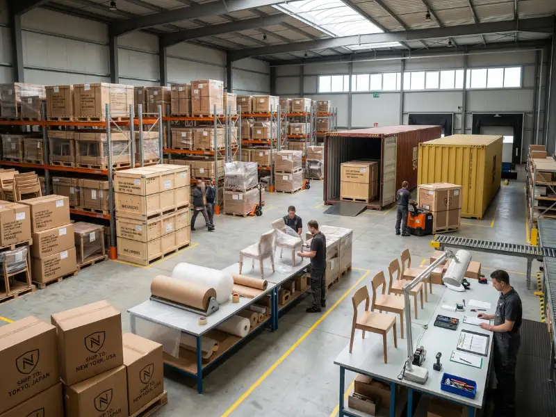 Furniture export process showing packaging, quality check and international shipping of premium furniture