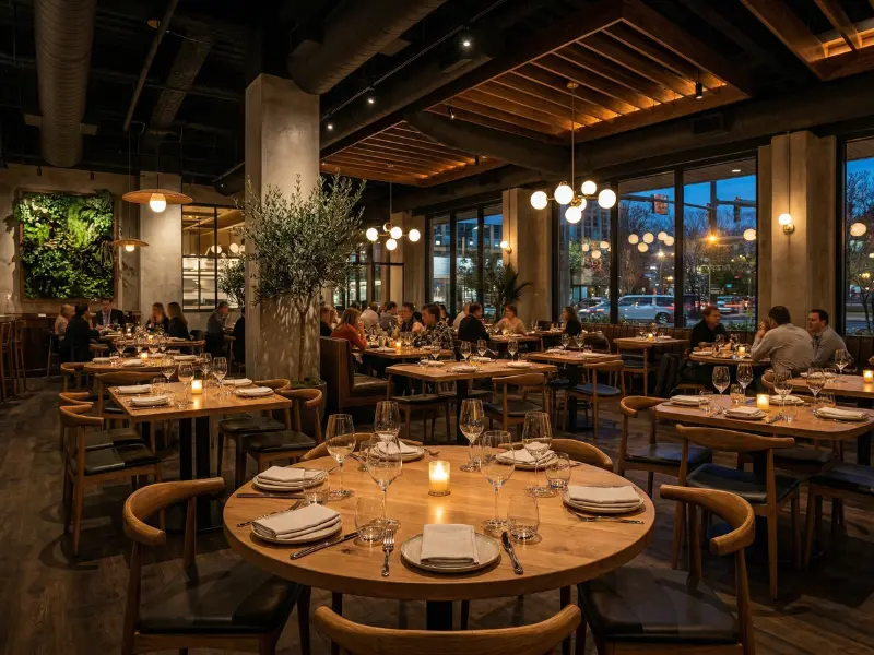 Indoor restaurant furniture with modern dining setup and wooden tables