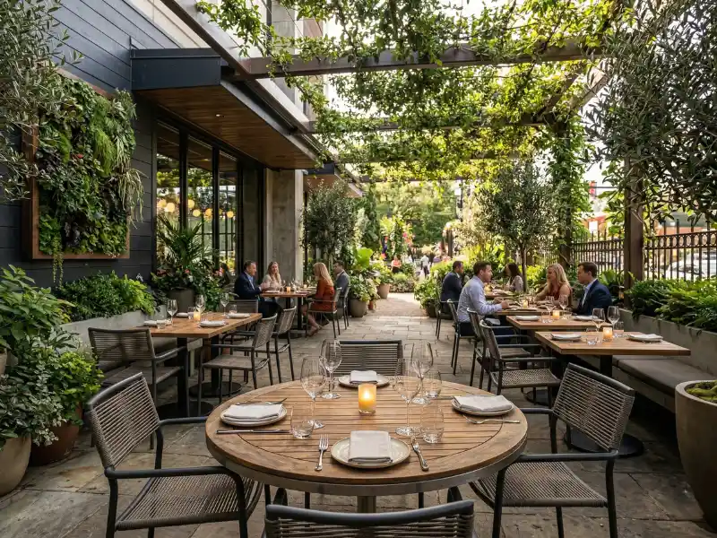 Outdoor restaurant furniture with patio seating and cafe setup