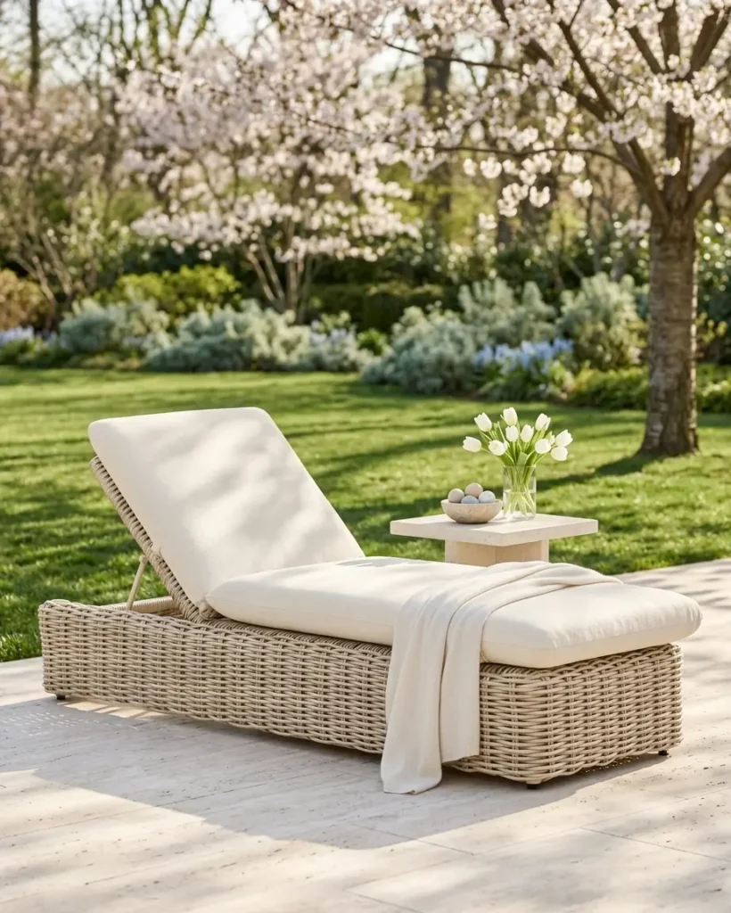 Premium cove lounger garden view. Manufactured by Craftnika, supplying luxury furniture to Udaipur and Pan-India.