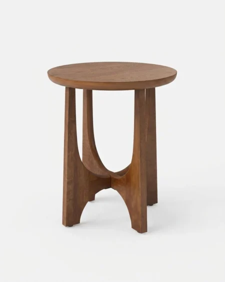 Alvero luxury round side table front view with carved wooden base and premium finish
