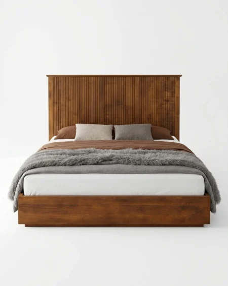 Arvello luxury wooden bed front view with solid wood headboard and modern design