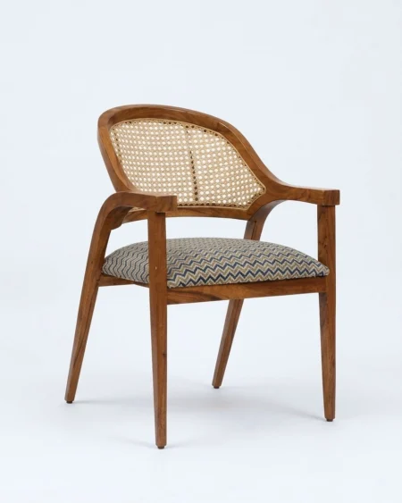 Cavino luxury arm chair front view with woven cane backrest and solid wood frame