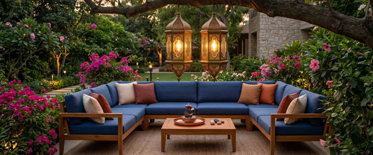 Premium Craftnika outdoor wooden sofa set with blue cushions and hanging lanterns in a lush garden setting.