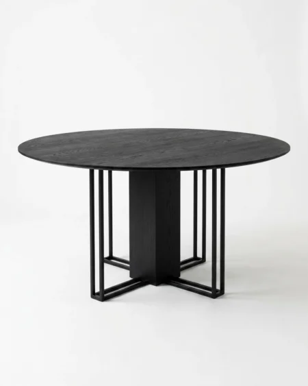 Orvex luxury round dining table front view with metal frame base and modern design