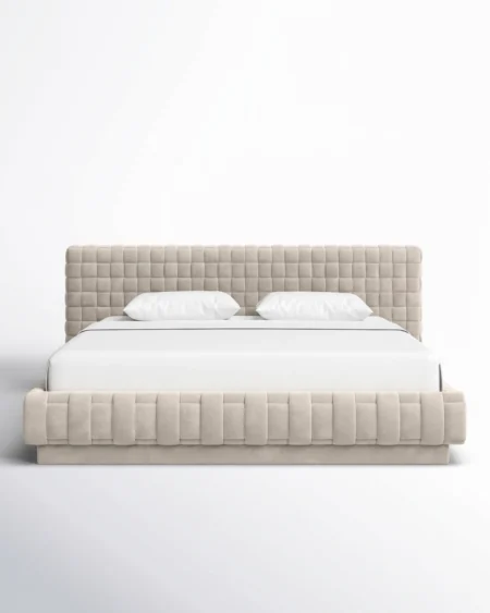 Serelux luxury tufted upholstered bed front view with soft fabric headboard and premium design