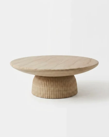 Servino luxury round coffee table top view with pedestal base and solid wood construction