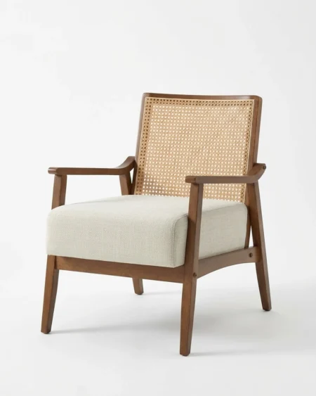 Velaro luxury arm chair front view with cane backrest and solid wood frame