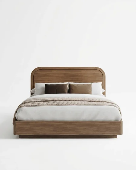 Verlano luxury upholstered bed front view with curved headboard and soft fabric finish