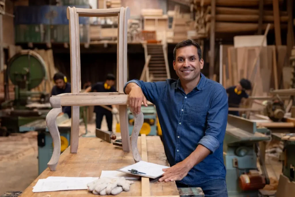 Wooden furniture manufacturing and quality inspection process in factory with skilled craftsman ensuring premium quality
