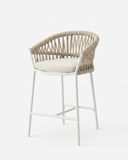 Light outdoor bar stool with rope woven backrest and cushion Craftnika