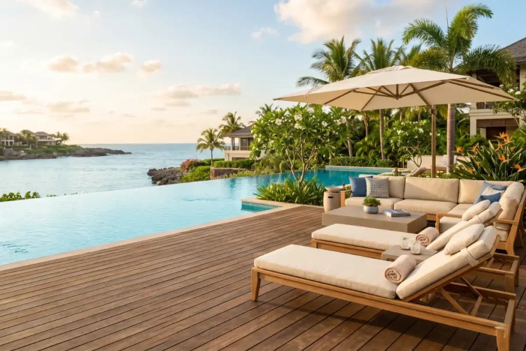 Luxury outdoor hotel furniture setup with sofa seating, coffee table, and resort-style ambiance by Craftnika