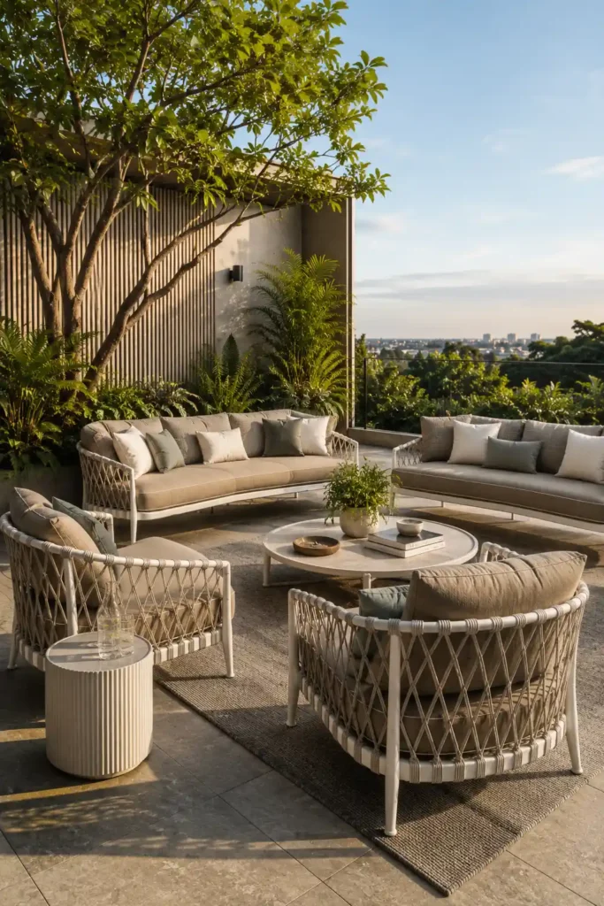 Premium outdoor sofa set on a luxury terrace by outdoor furniture. Manufactured by Craftnika, supplying luxury furniture to Kerala and Pan-India.