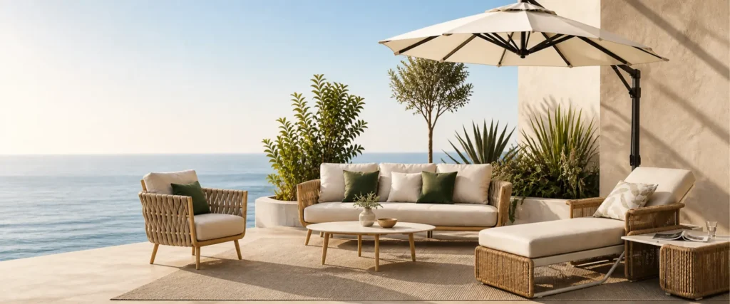 Premium outdoor furniture luxury patio setup. Manufactured by Craftnika, supplying luxury furniture to Udaipur and Pan-India.