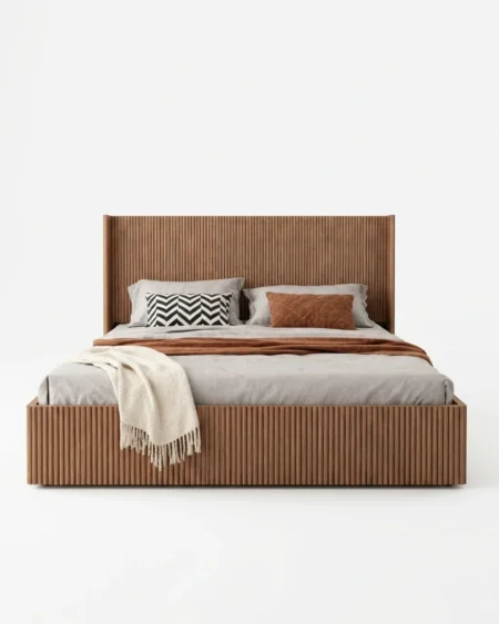 Seravo luxury wooden bed front view with panel headboard and modern warm finish