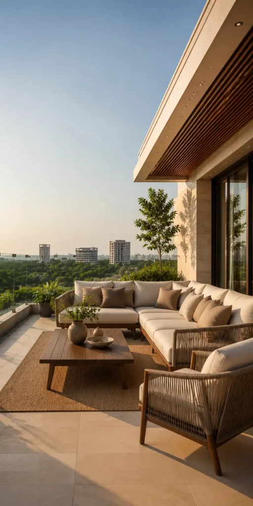 Premium custom outdoor furniture villa terrace. Manufactured by Craftnika, supplying luxury furniture to Udaipur and Pan-India.