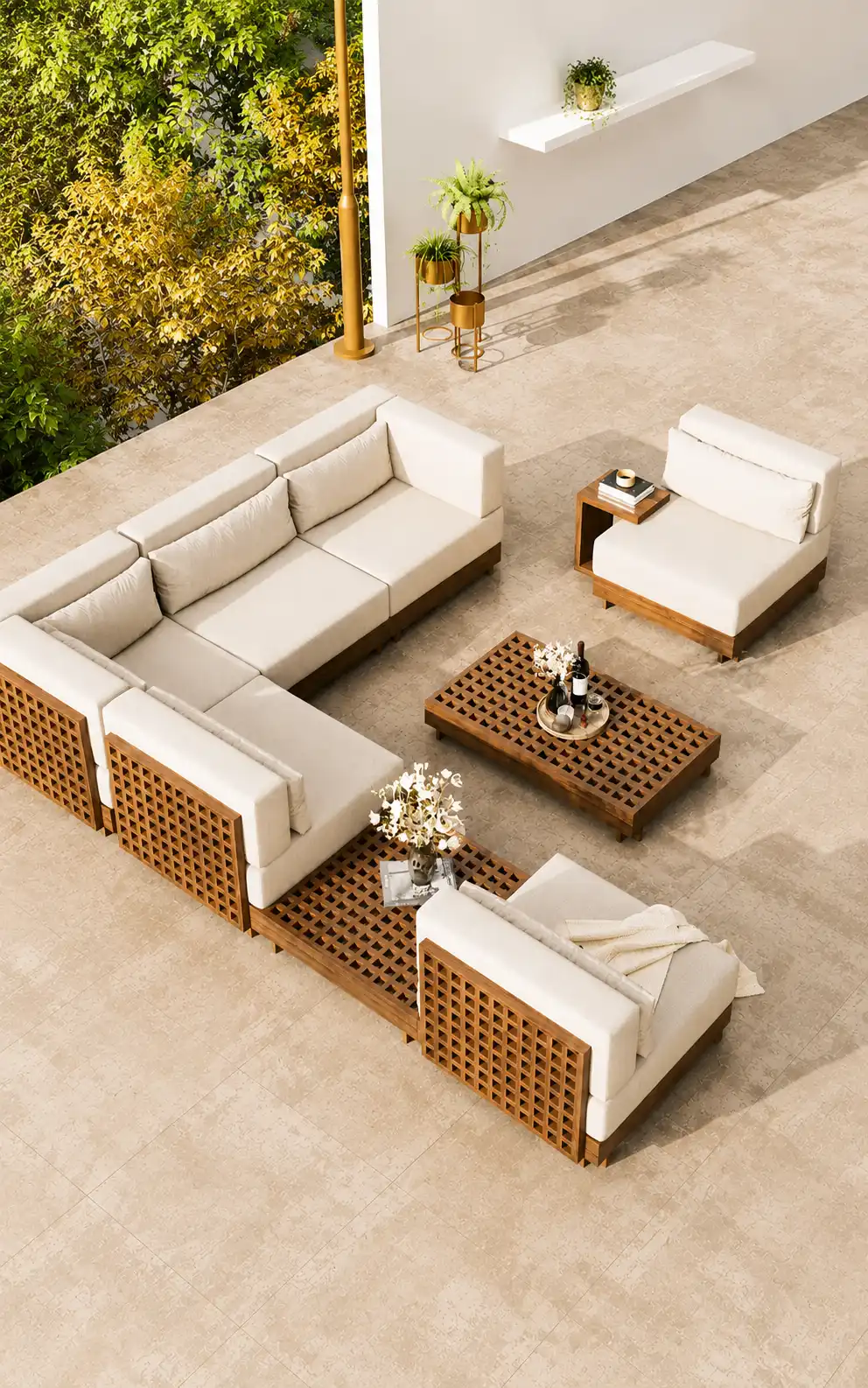 Premium luxury modern outdoor sofa set wooden frame 4k. Manufactured by Craftnika, supplying luxury furniture to Goa and Pan-India.