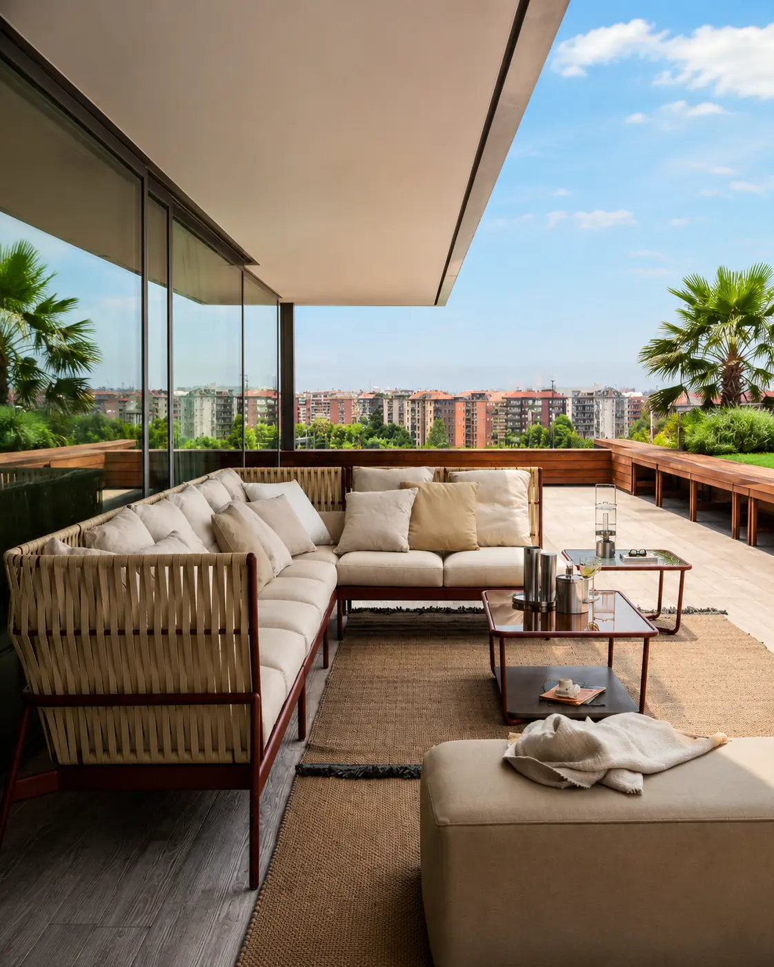 Premium luxury outdoor terrace sofa set modern balcony 4k. Manufactured by Craftnika, supplying luxury furniture to Jaipur and Pan-India.