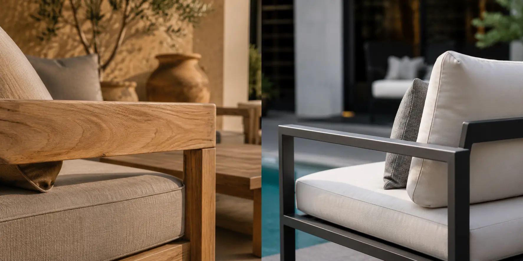 Premium teak vs powder coated aluminum outdoor furniture comparison. Manufactured by Craftnika, supplying luxury furniture to Udaipur and Pan-India.