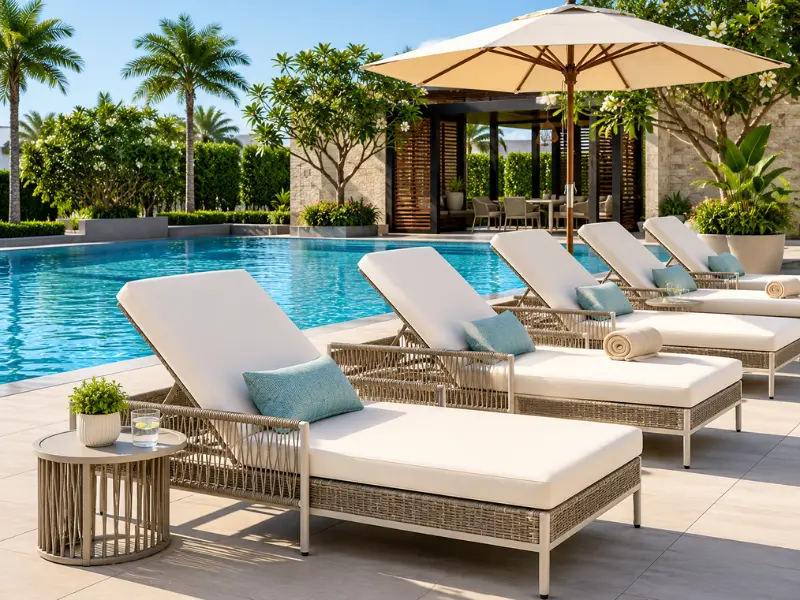 Powder-coated aluminium commercial poolside loungers with water-repellent cushions and sun umbrella at hotel pool in Delhi