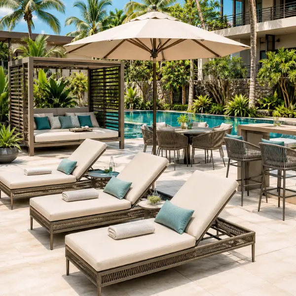 Stackable rust-proof aluminium pool deck chairs with breathable textilene fabric at club pool in Delhi