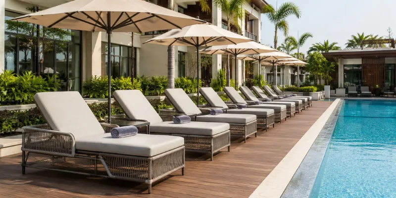 Guide to the best outdoor furniture for hotels in india featuring UV-stabilized loungers