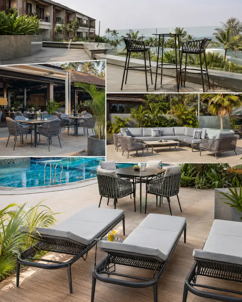 Stackable outdoor cafe chairs and rope-woven sun beds set up for bulk HORECA order dispatch to a Goa resort