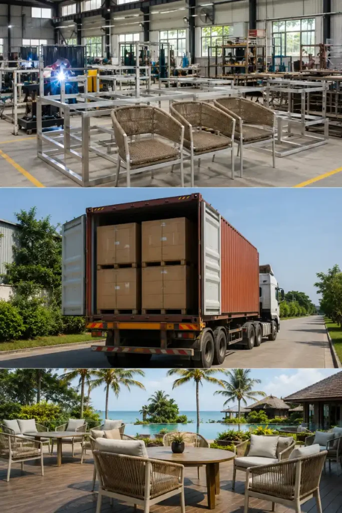 Bespoke outdoor rope sofa set being loaded for road freight transport from Delhi factory to a hotel project in Goa