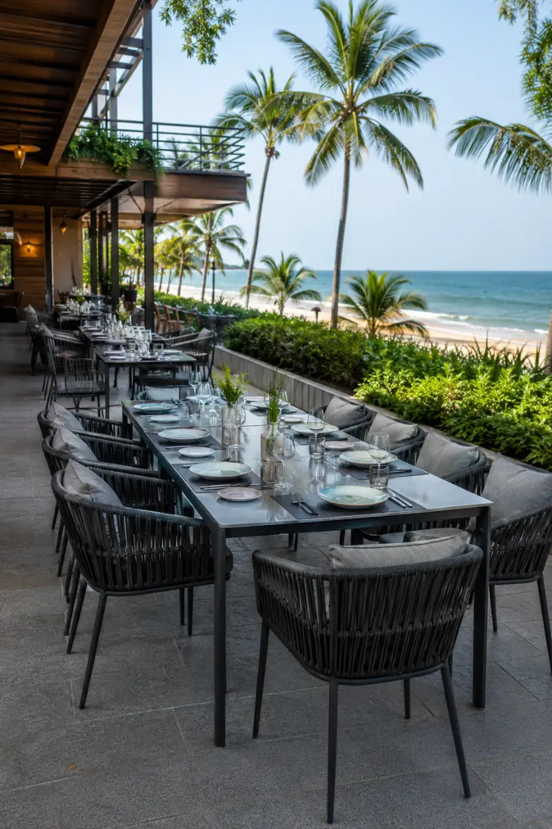 Marine-grade aluminium restaurant dining chairs and tables set up at a beachfront cafe in Goa
