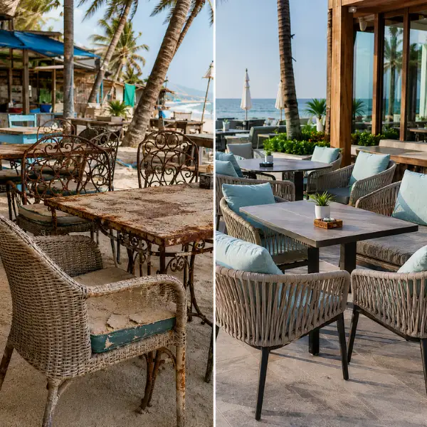 UV-stabilized rope woven cafe chairs with water-repellent cushions surviving the Goa monsoon