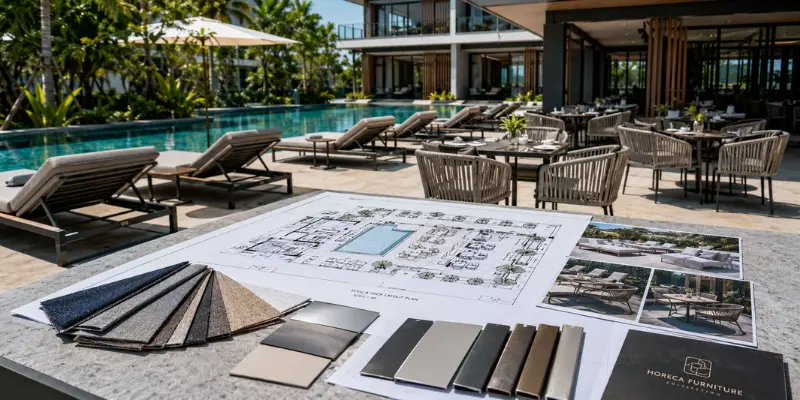 Marine-grade aluminium sun loungers and poolside tables for commercial resorts in Lonavala