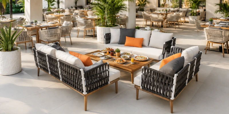 Water-repellent rope outdoor furniture setup for Delhi NCR hospitality project