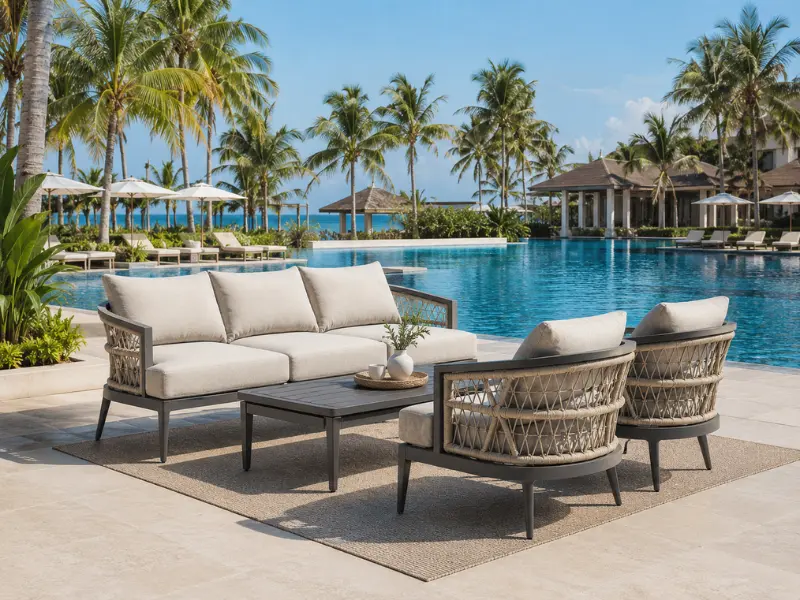 Al fresco outdoor dining table set with water-repellent cushions