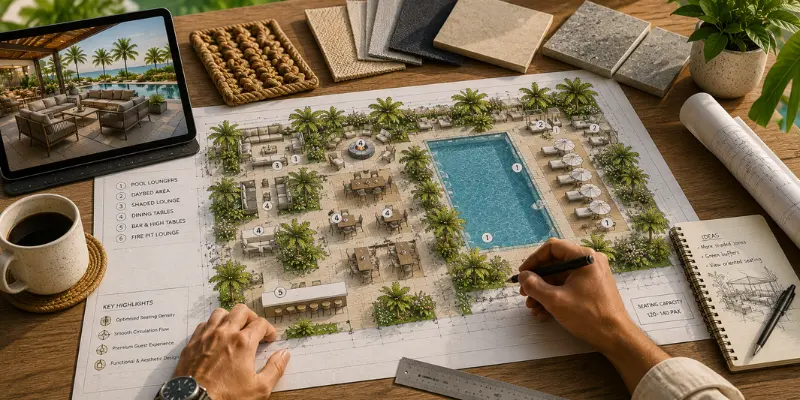 Commercial B2B outdoor furniture layout planning for resorts