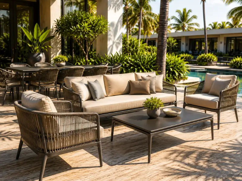 All-weather hotel outdoor seating sets with quick-dry solution-dyed fabrics