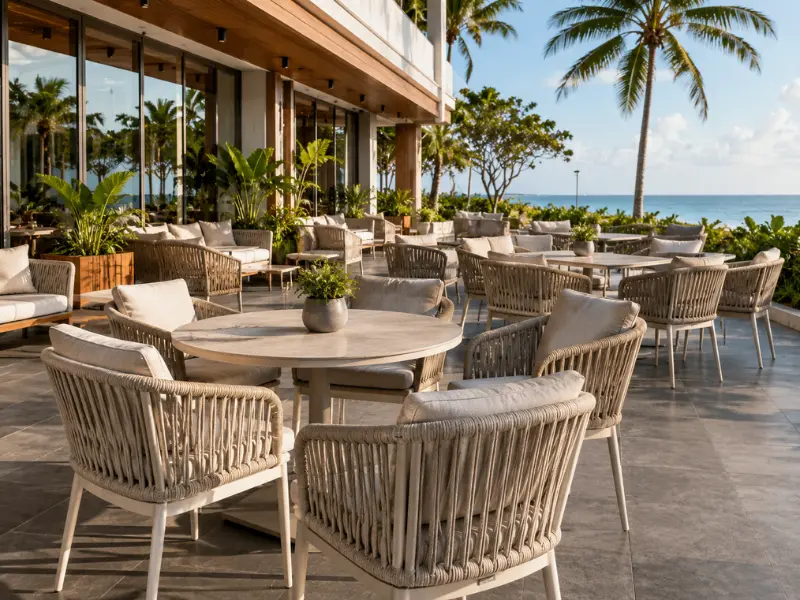 Commercial wholesale outdoor cafe restaurant seating Chennai with chairs and an umbrella on a sunny resort terrace.