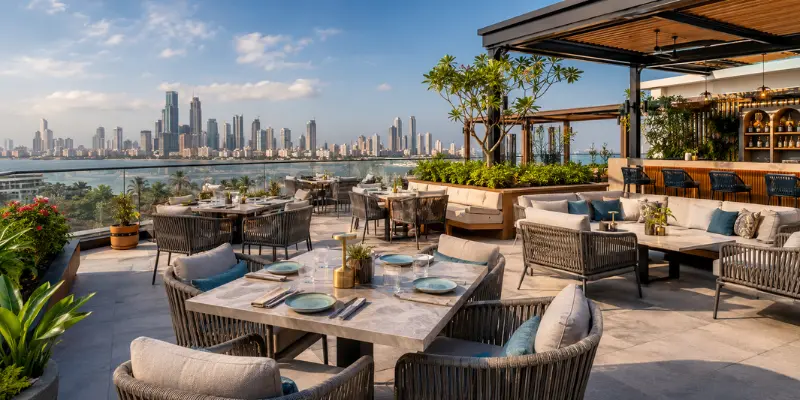 Commercial rooftop lounge sofas with quick-dry foam for Mumbai high-humidity climate
