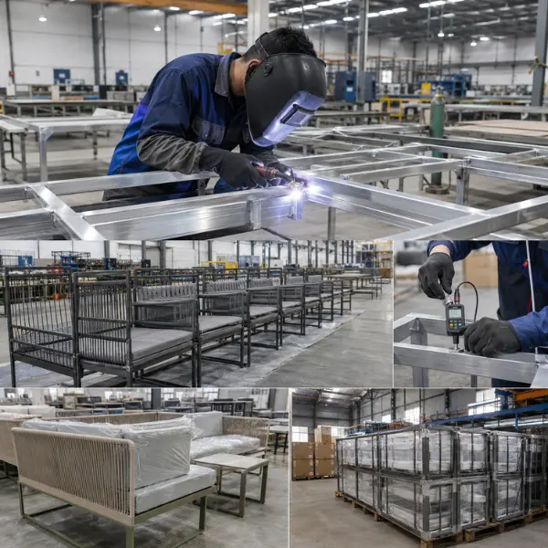 TIG-welded heavy-duty aluminium furniture frames being manufactured for a B2B hotel project in Jaipur.