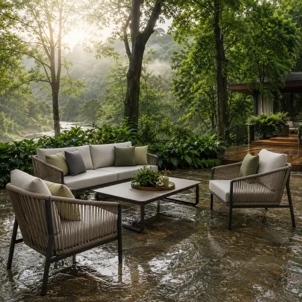 Comfortable outdoor lounge seating arranged on a wooden deck overlooking a forest river at a nature retreat.