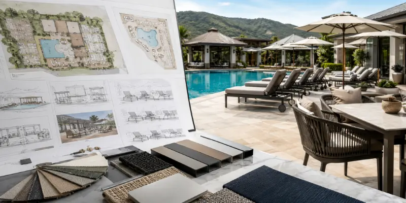 Rust-proof marine-grade aluminium resort furniture layout with material swatches for Goa coastal climate