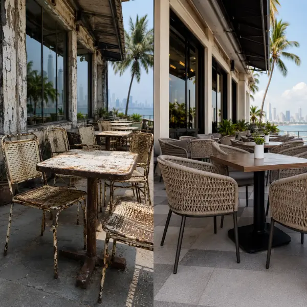 UV-stabilized HDPE wicker cafe sets for Mumbai coastal climate
