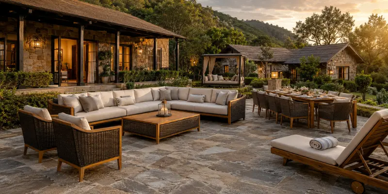 Premium outdoor lounge furniture set placed next to a luxury homestay pool.
