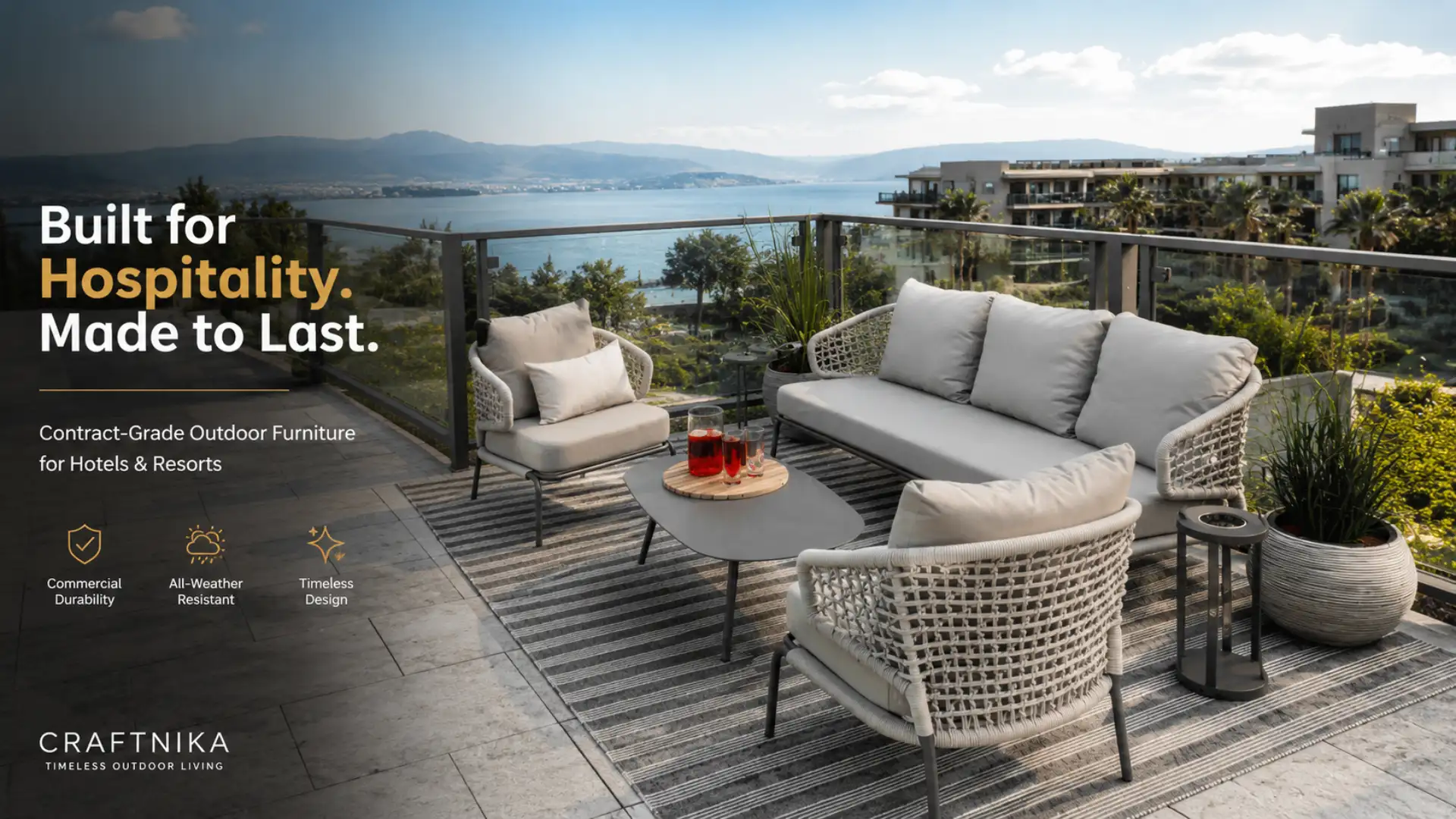 Hotel furniture buying guide India - Powder-coated aluminium outdoor sofa set with rope weaving on a luxury hotel terrace