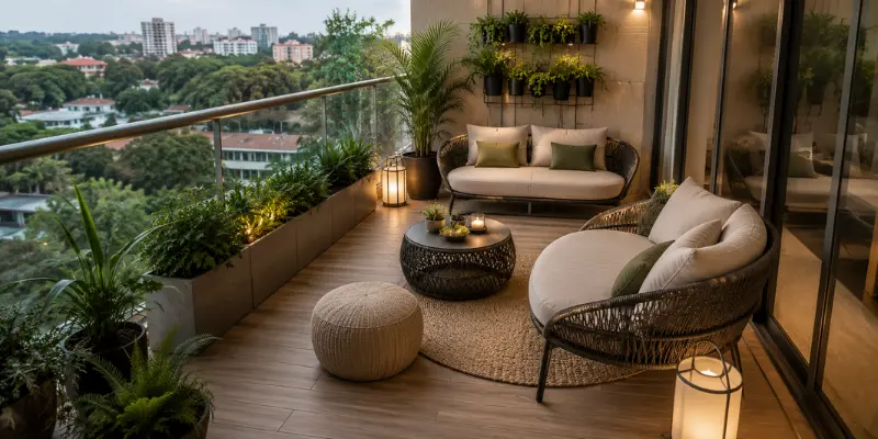 Luxury waterproof balcony furniture setup in a Bangalore high-rise apartment