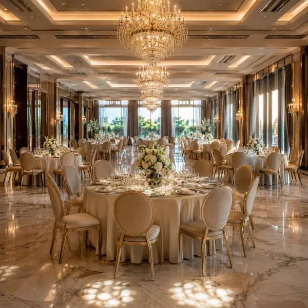 Elegant banquet hall setup featuring premium round tables and commercial event chairs by Craftnika
