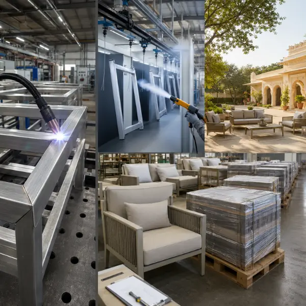 Luxury outdoor patio seating and bespoke furniture designs for premium hospitality projects in Jaipur.