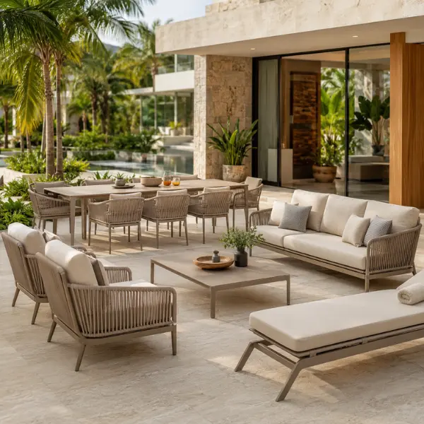 Luxury L-shaped outdoor terrace sofa set with plush cushions placed on a modern patio.